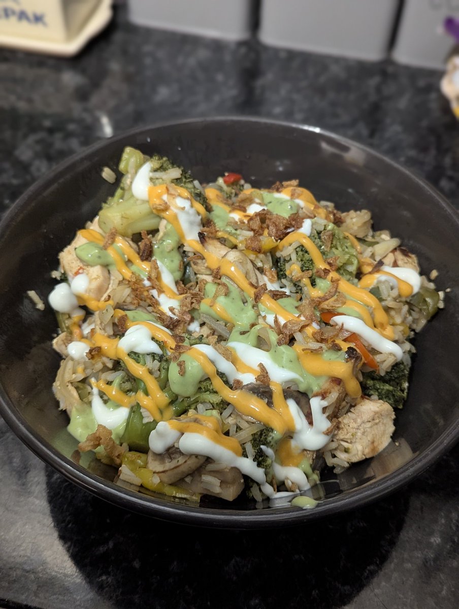 I made the absolute SHIT outta my chicken fajita rice bowl. Guacamole, sour cream and nacho cheese as toppings to make it perfect 🫡
