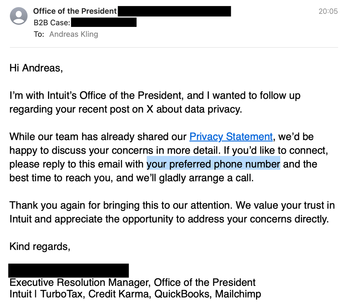 awesomekling's tweet image. &amp;gt;complain that giving my phone number to Quickbooks led to daily spam calls
&amp;gt;post goes viral
&amp;gt;get contacted by Intuit&apos;s Office of the President
&amp;gt;they want my phone number