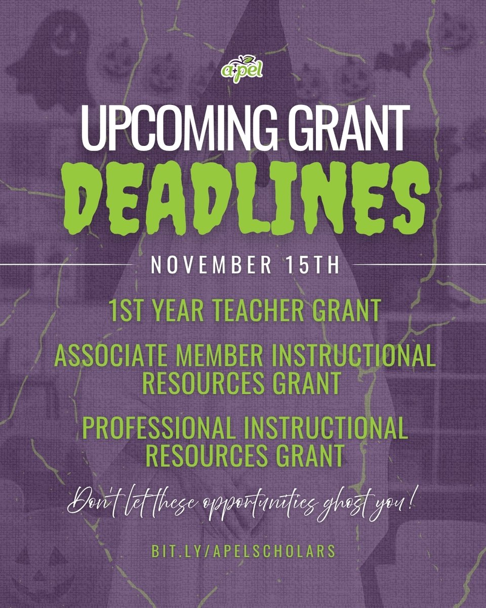 No tricks — just teacher treats. 🍬💜

A+PEL grants close Nov. 15, and we don’t want you to miss out!

Apply now at bit.ly/apelscholars

#APEL #LouisianaEducators #TeacherSupport #ClassroomGrants #EducationMatters