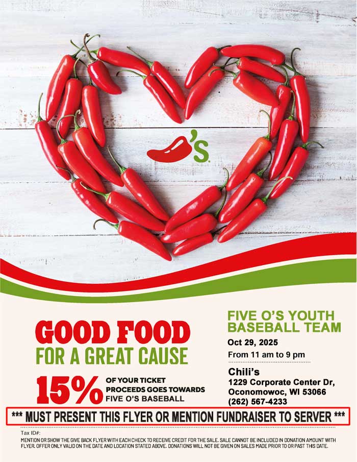 Join us this Wednesday at Chili's to support the U12 Rhoads Baseball team! ⚾😋🌶

📆Wednesday, October 29th 11AM - 9PM
🌶You MUST mention this flyer for the team to get credit
💰15% goes back to the team 

#fundraisingevent #OconomowocAreaBaseballClub