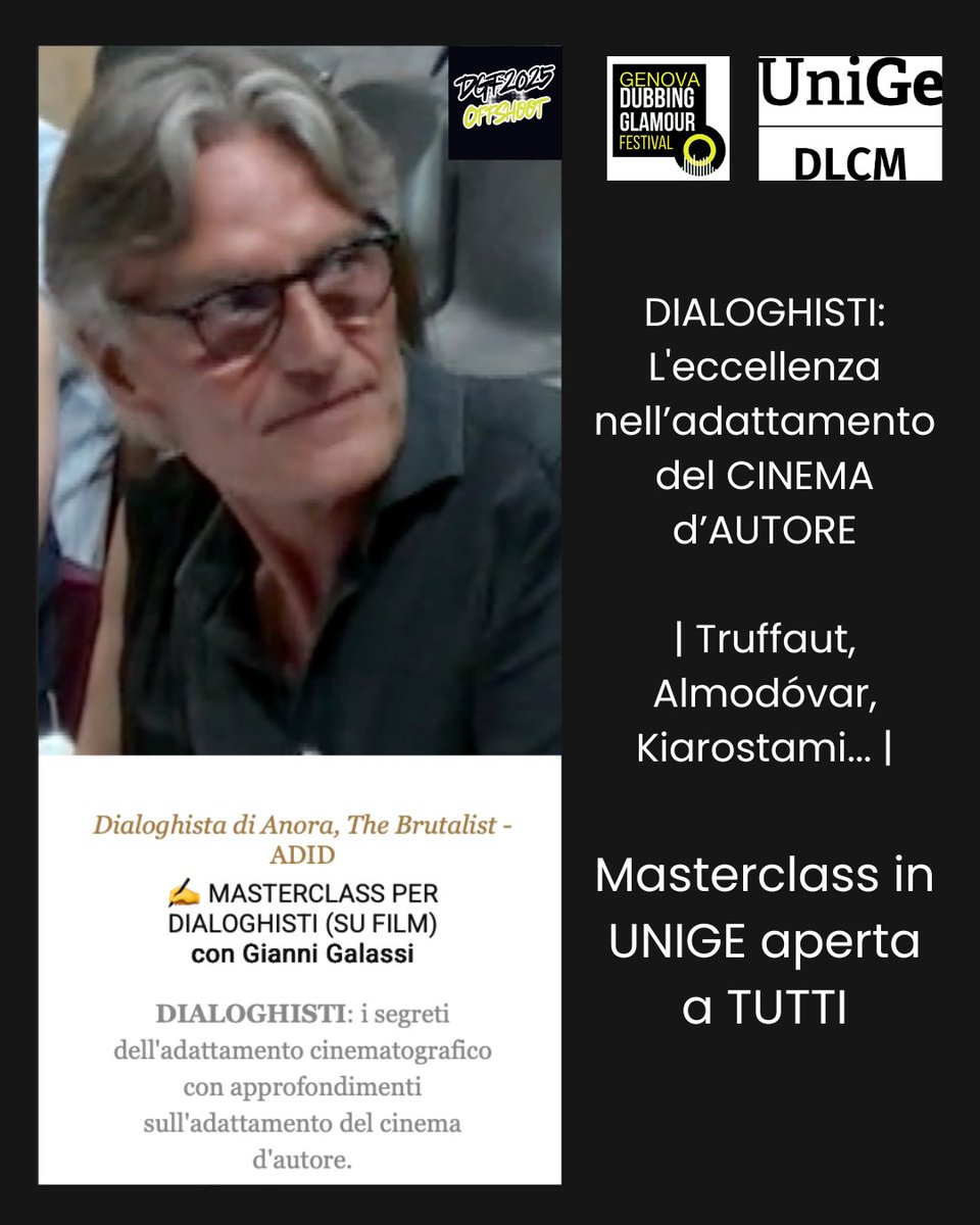 MASTERCLASS DIALOGHISTI: La Film d'Autore in UNIGE. ✍️ Adattamento con Gianni Galassi (Dialoghista Anora, The Brutalist).
➡️ Date: 28 - 30 NOVEMBRE. Info: info@teatrogag.com
#GianniGalassi #Dialoghisti #CinemaDAutore #Truffaut #UNIGE #dubbingglamourfestival