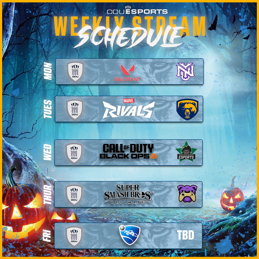 This weeks Stream Schedule 👻🎃
.
.
#oduesports #overwatch #smashbros #valorant #CallofDuty #collegiateesports #rocketleague #marvelrival