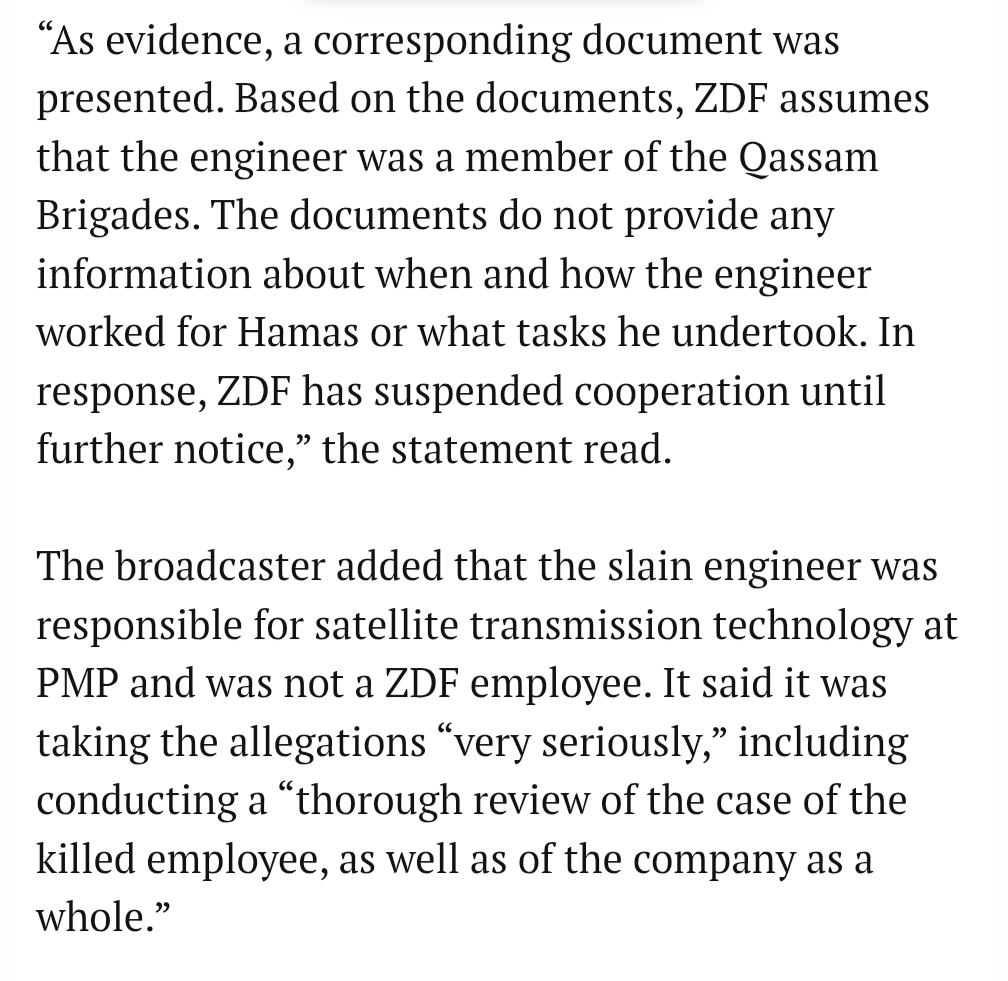 Séamus Malekafzali (@seamus_malek) on Twitter photo In a uniquely soulless move, the German public broadcaster ZDF has publicly thanked Israel for its claim that an employee of one of its partner firms in Gaza, killed in an airstrike this month on a media facility, was in fact a Hamas "terrorist". In a uniquely soulless move, the German public broadcaster ZDF has publicly thanked Israel for its claim that an employee of one of its partner firms in Gaza, killed in an airstrike this month on a media facility, was in fact a Hamas "terrorist".