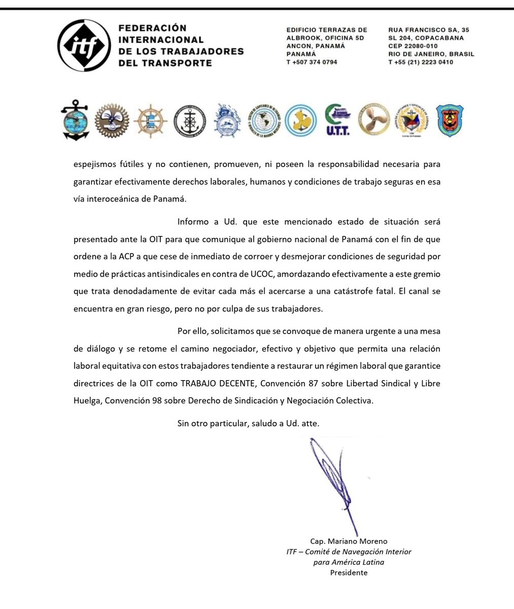Carta de el 11 de Agosto al ministro del Canal <a href="/jricazac/">Jose Ramón Icaza Clément</a> exponiendo deficiencias de seguridad, aumento de accidentes, negativa a negociar de buena fé, políticas antisindicales, cobros ilegales a salarios ya trabajados y pagados. JD SUPERVISA la gestión de la Adm. #HechosDelCanal
