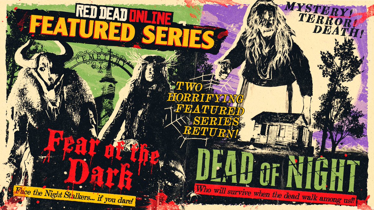 RockstarGames's tweet photo. Jump into a fright-filled Red Dead Online Featured Series this week for 2X RDO$ and XP.

Plus, get 3X Rewards in All Hallows’ Call to Arms, Moonshine bonuses, Halloween Pass 2 rewards, and more through November 3: https://t.co/d6NYSlz844 https://t.co/A3xipSeii4