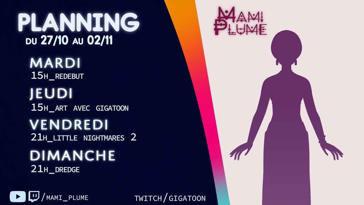 il ne reste plus beaucoup de temps avant que les devinettes soit terminer !!!
✨le planning de la semaine⭐️
Mardi 15H Redebut
Jeudi 15H Dessin avec gigatoon
Vendredi 21H Little nightmares 2
Dimanche 21H Dredge