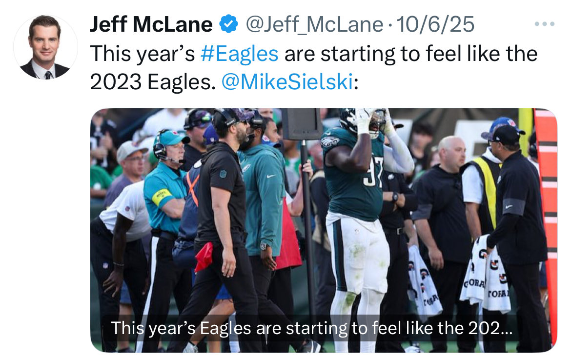 Fly_EaglesBets's tweet photo. Philly media in a nutshell:

🗓️ Oct 6: Starting to feel like the 2023 

Two weeks later 

🗓️ Oct 20: Oh wait it’s not like 2023 at all

Two weeks apart. Same reporters. Completely opposite takes. Gotta love this city. https://t.co/786sLDRLRl
