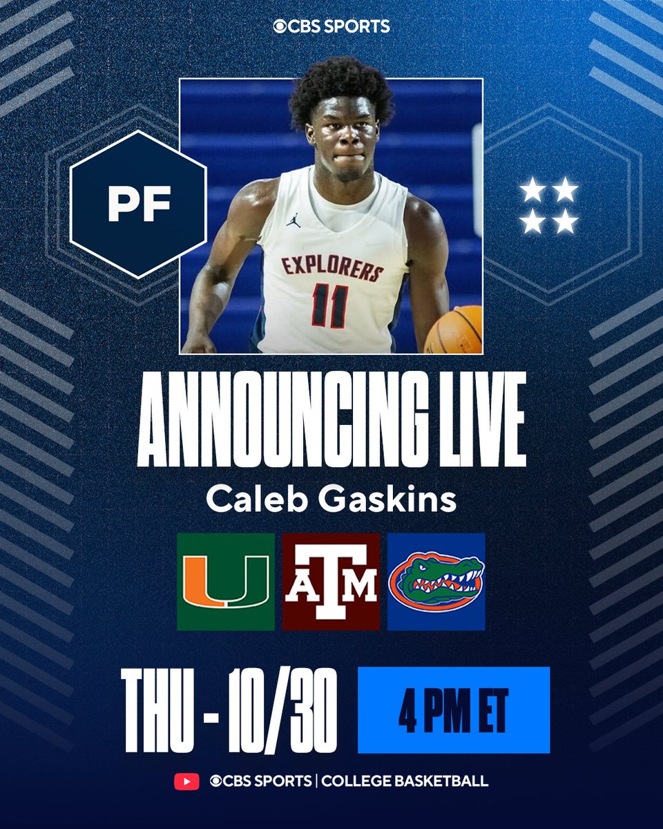 TravisBranham_'s tweet image. NEWS: Caleb Gaskins, the No. 24 overall recruit in the 2026 class, is down to three schools and will announce his college decision on Thursday, Oct. 30 at 4:00 PM ET live on the @CBSSportsCBB Channel.

Finalists: Florida, Miami and Texas A&amp;amp;M. || Story: 247sports.com/college/basket…