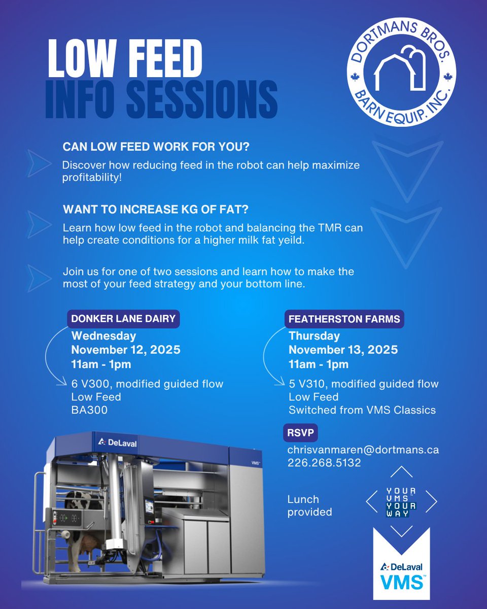 Still time to register!
Our Low Feed Info Session is coming up fast. Join us to see how a low-feed strategy could improve both robot traffic and your bottom line.
📅 Two sessions available
💡 Real data, real results
🔗 Sign up today!
#dortmansbros #DeLaval #welivemilk #teamblue