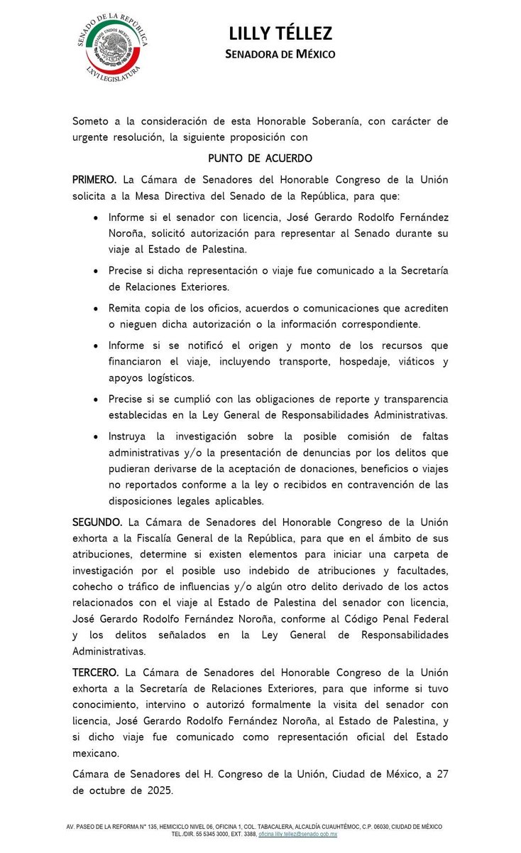 LillyTellez's tweet image. Presentaré una solicitud a la Mesa Directiva del Senado y exhorto a la FGR y SRE a informar, investigar y aclarar el viaje de Fernández Noroña a Palestina. 
La ciudadanía merece transparencia, rendición de cuentas y saber quién pagó ese viaje:
senadomx-my.sharepoint.com/:b:/g/personal…