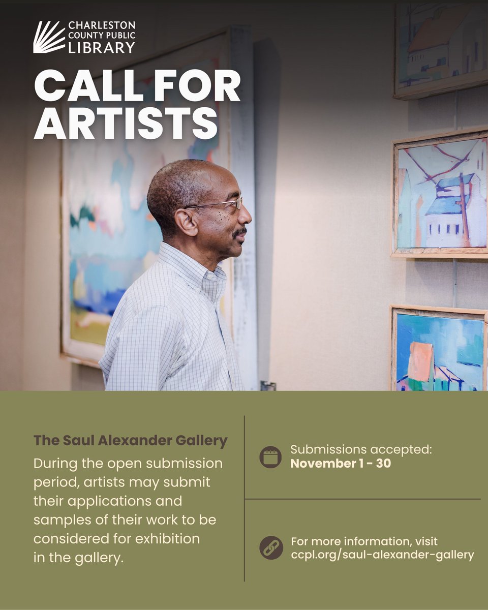 ChasCoLibrary's tweet image. 🎨 Call for Artists! 🎨

November 1–30, artists are invited to submit their applications and samples of their work for consideration to exhibit in the Saul Alexander Gallery at the Main Library.

👉 Learn more and view the application on our website: ccpl.org/saul-alexander…