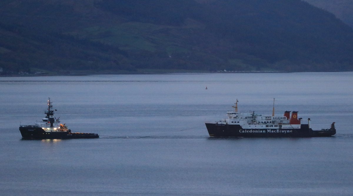 Pegasus passing Gourock this evening on her way to Esbjerg Denmark with Hebridean Isles for scrapping #shipping #tugs