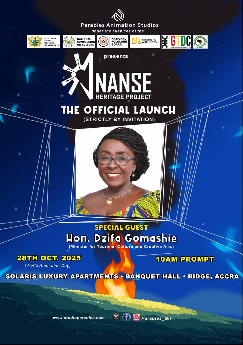 parables_GH's tweet photo. Officially Launching tomorrow on World Animation Day. Ghana, get ready🔥 SPECIAL GUEST: Hon. Abla Dzifa Gomashie @Dzifa_Gomashie @motcca_gh

GUEST
Mr. Wakefield Ackuaku, Exec. Director of National Commission on Culture 

#AnanseHeritageProject #AHP2025 #StudioParables #ParablesGh https://t.co/UEM2W3rnnJ