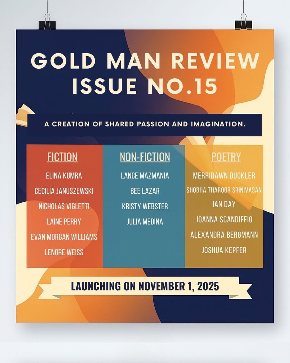 GoldManReview's tweet photo. Something golden is on its way… ✨

We’re excited to announce the upcoming release of Gold Man Review: Issue No. 15 — a captivating collection of fiction, nonfiction, and poetry that celebrates collaboration, creativity, and the art of storytelling. https://t.co/QWh1NwUuBz