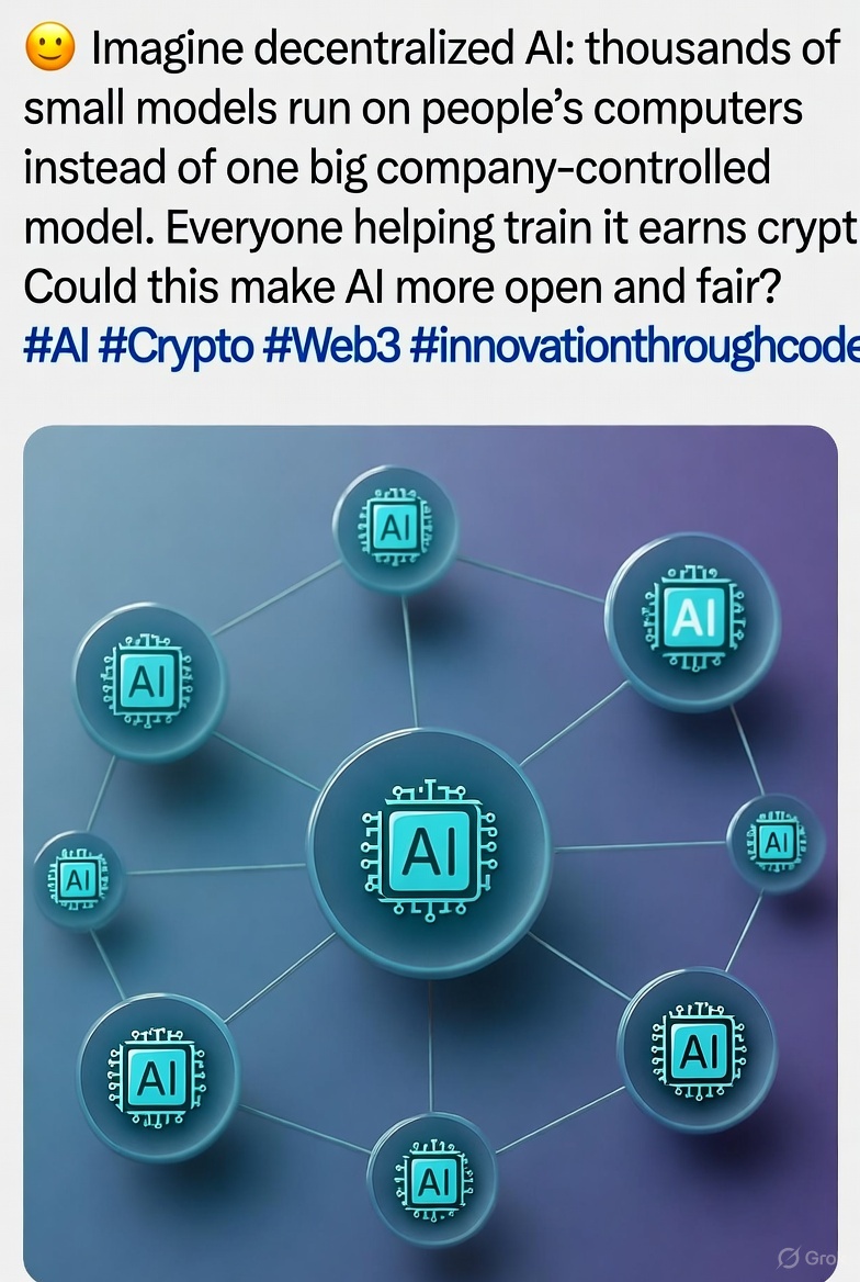 🔗 Imagine decentralized AI: thousands of small models run on people’s computers instead of one big company-controlled model. Everyone helping train it earns crypto. Could this make AI more open and fair? #AI #Crypto #Web3 #innovationthroughcode