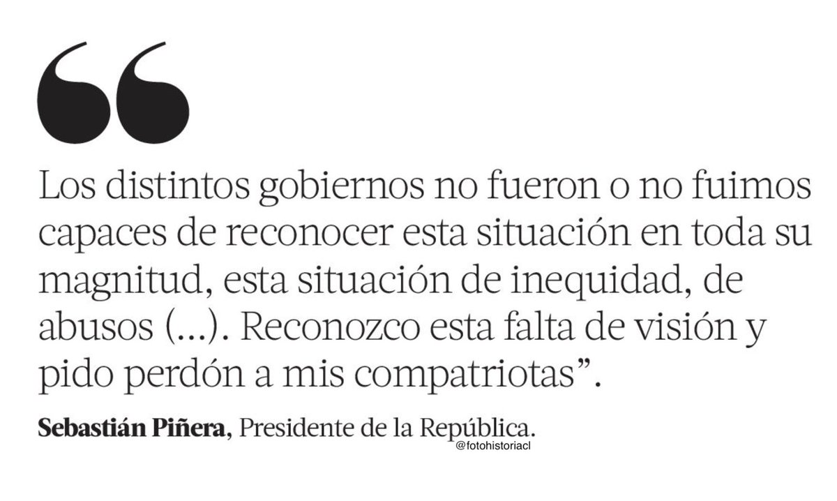 Santiago, 27 de octubre de 2019.

Un día como hoy, hace 6 años, Sebastián Piñera dice: "Reconozco esta falta de visión y pido perdón a mis compatriotas".