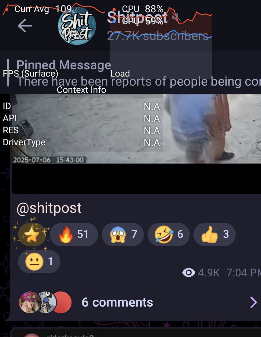 <a href="/Cartidise/">Noah Cat</a> as if the telegram app wasn't bloated and heavy enough already ☠️ 

Here we can see a wild Telegram app turning an A55 into a hand warmer and dropping frames, just displaying a compressed to hell video and the UI