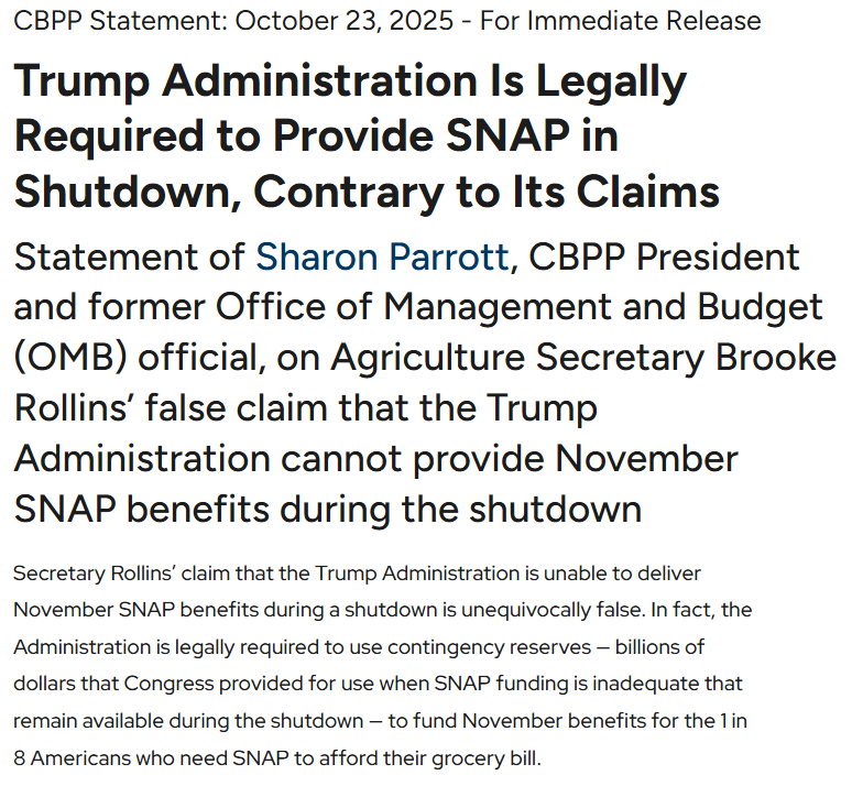 The USDA has $6B in contingency reserves for occasions like this. The Trump regime is making a purely political choice (an illegal one of course) to stop paying SNAP benefits. They believe that if 40M Americans start going hungry, Dems could get the blame. They're gambling lives.