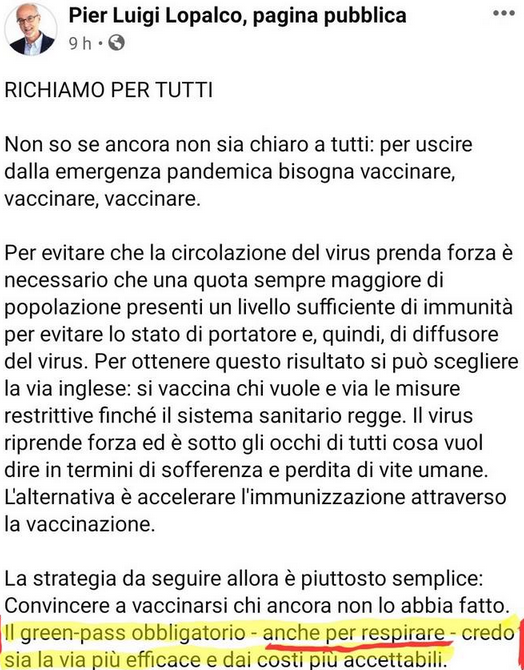 Il Green Pass anche per respirare...
Vaccinare vaccinare vaccinare