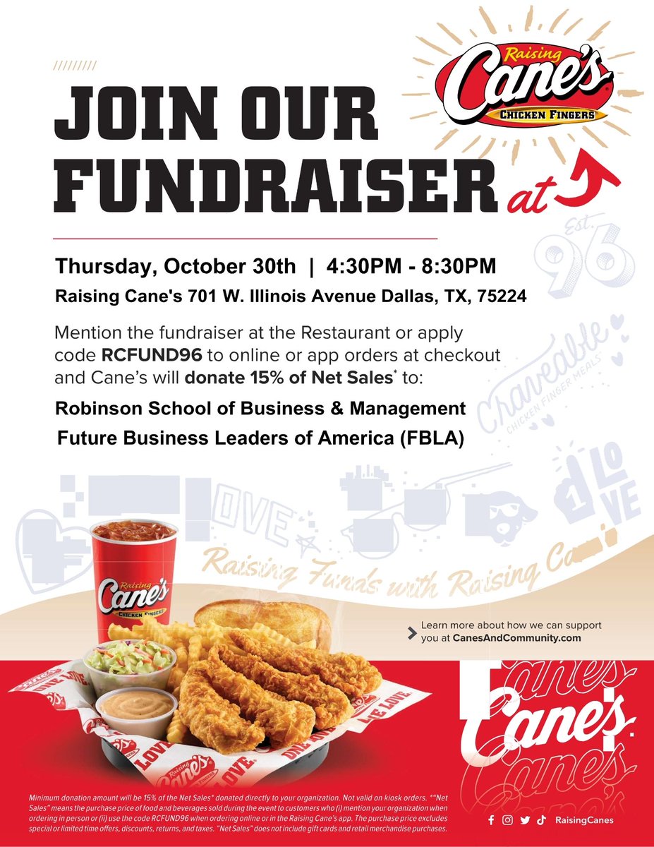 Fuel your appetite and our future leaders! 🍗 Join us at Raising Cane’s — Oct. 30 | 4:30–8:30 p.m. Proceeds benefit Townview’s School of Business/FBLA!