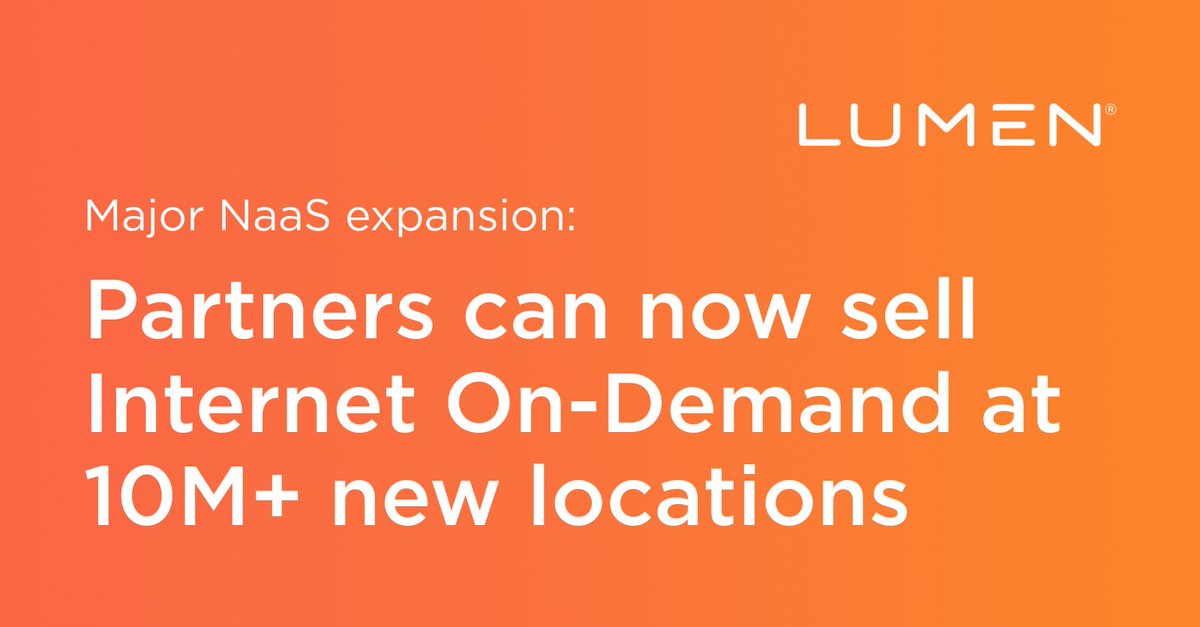 LumenCPP's tweet image. Big news for partners! 📣 @LumenTechCo Internet On-Demand is now available at 10 million+ new locations outside of Lumen&apos;s footprint. Partners can now deliver high-performance, cloud-like connectivity to customers, where &amp;amp; when they need it: bit.ly/3J6FAoN
