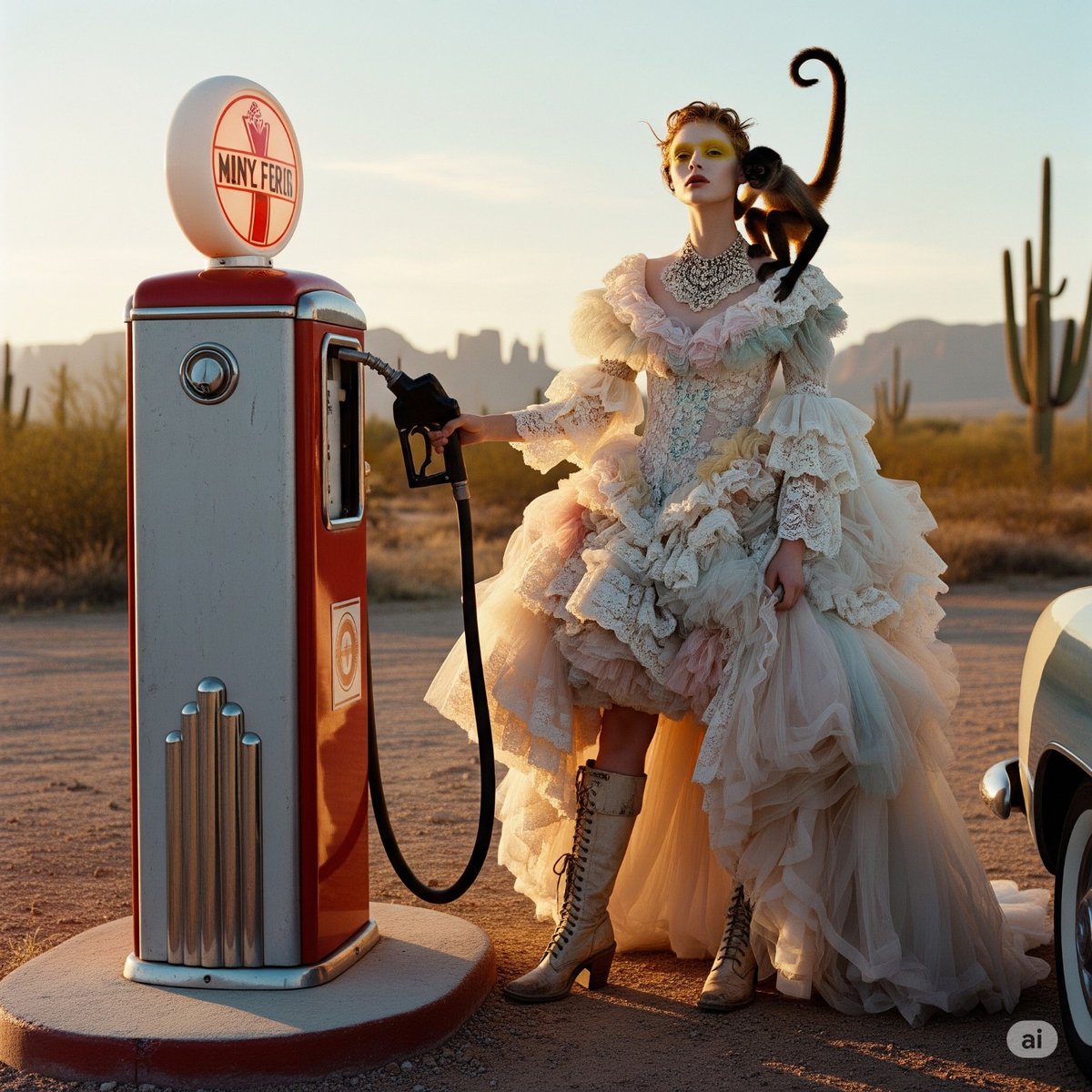 syntaxaegis's tweet image. She fuels the car like a duchess on parole, while the monkey whispers state secrets in her ear.
#hautecouture #surrealism #art #couture #fashionphotography