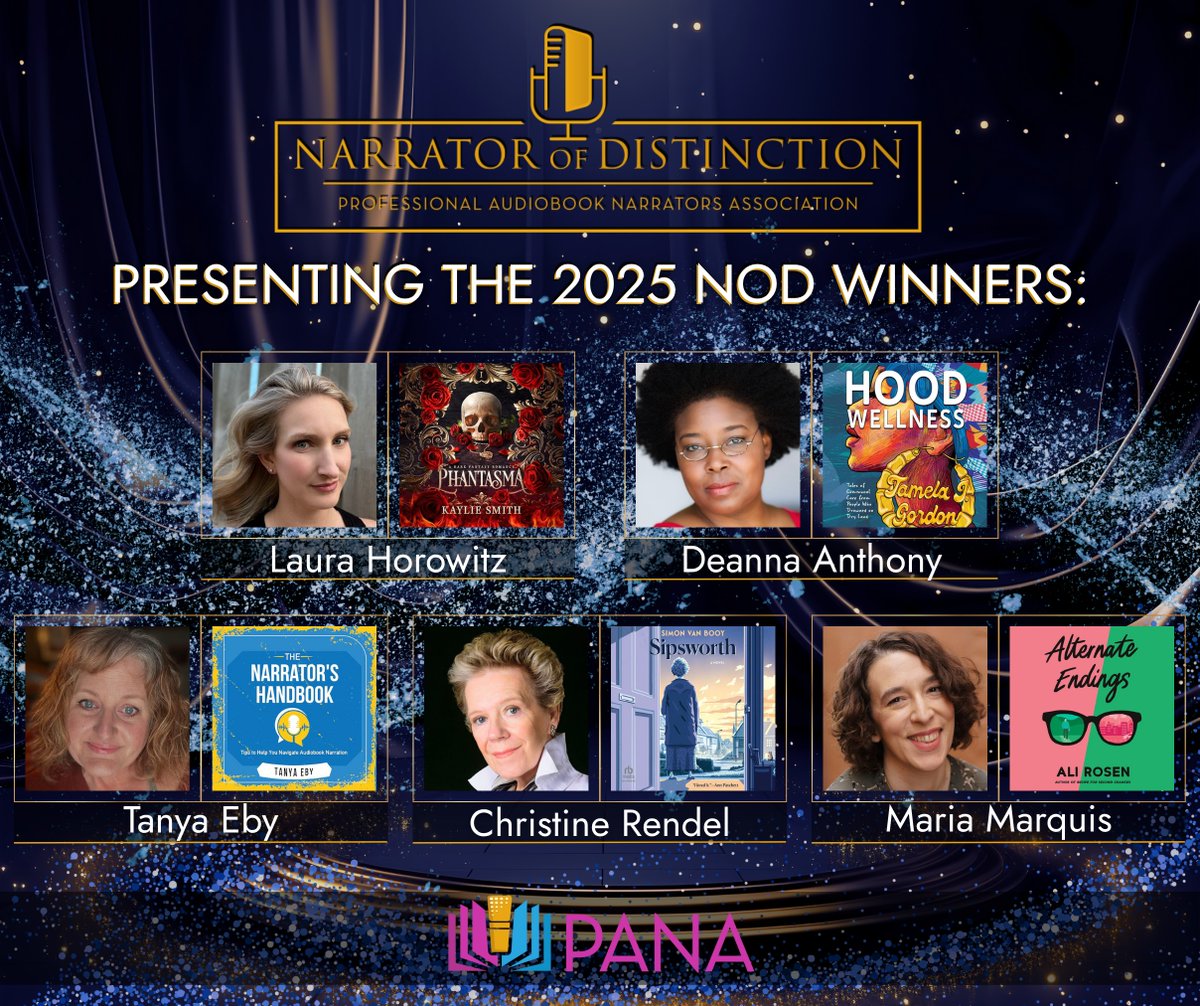Congrats to our 5 <a href="/pronarrators/">PANA - The Professional Audiobook Narrators Assoc.</a> Narrators-Winners of the Narrator of Distinction Awards!  
They demonstrate superior dedication to the power of human voca artistry and advance the craft of narration.
Proudly sponsored by @aethonbooks - “Science Fiction and Fantasy at its best!”
