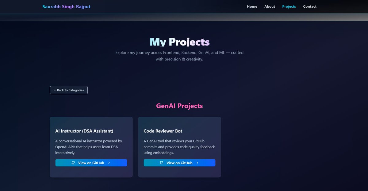 SaurabhSin15850's tweet image. Started revising frontend for interviews…
ended up rebuilding my portfolio 😄
This time — React + shadcn/ui + Framer Motion 🚀
Finishing in 2 weeks — any tips welcome!
#ReactJS #WebDev #BuildInPublic
Still tuning the mobile responsiveness — so laptop view might look a bit off