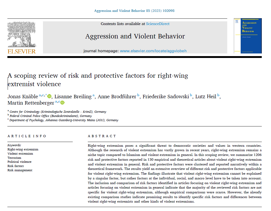 MarRettenberger's tweet photo. 📣⚠️Our scoping review of risk and protective factors for right-wing extremist violence 

has been just published in "Aggression and Violent Behavior"🥳🤓

50 free copies of the paper here
https://t.co/YCgD2aJaRH

@sciencedirect @ElsevierConnect @ElsevierNews @Scopus https://t.co/tmj2pC6do8