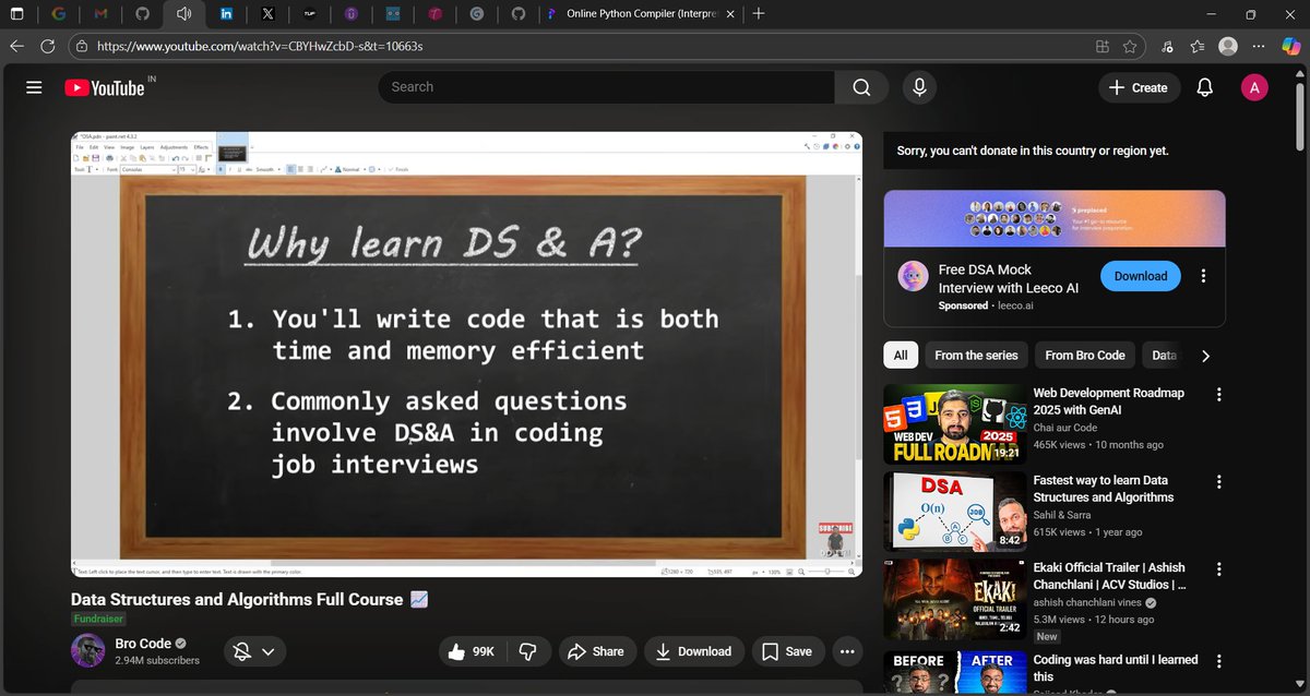 ianiket_yadavs's tweet image. ☑️Day 63 of #100DaysOfCode 
* Python:
-String Method & String Indexing.
*DSA:(Brocode)
-What are data structures and algorithms?
Doing basics from Brocode so I couldn't face any difficulties ahead.
#Coding #Python #pythonlearningjourney #WebDevelopment #FullStackDeveloper 
#DSA