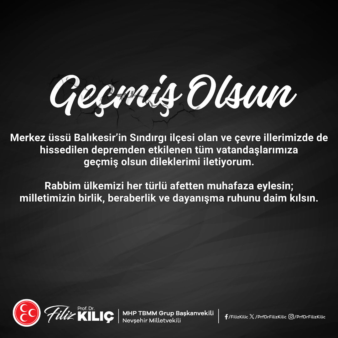 Merkez üssü Balıkesir’in Sındırgı ilçesi olan ve çevre illerimizde de hissedilen depremden etkilenen tüm vatandaşlarımıza geçmiş olsun dileklerimi iletiyorum.

Rabbim ülkemizi her türlü afetten muhafaza eylesin; milletimizin birlik, beraberlik ve dayanışma ruhunu daim kılsın.