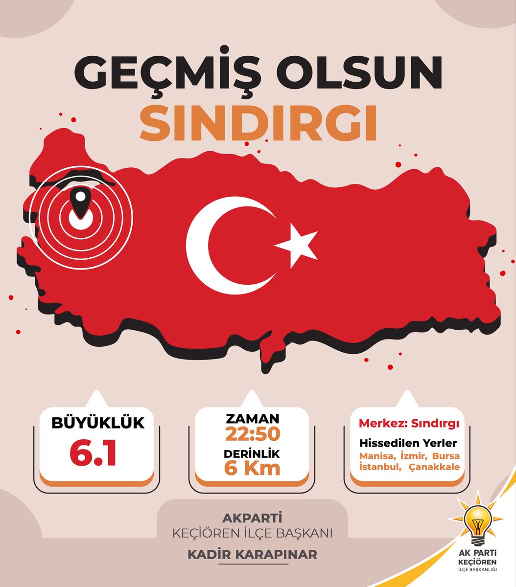 Balıkesir Sındırgı'da meydana gelen ve Manisa, İzmir, Bursa, Çanakkale ve İstanbul’da hissedilen depremden etkilenen vatandaşlarımıza geçmiş olsun dileklerimizi iletiyoruz.

Allah, ülkemizi her türlü afetten korusun.