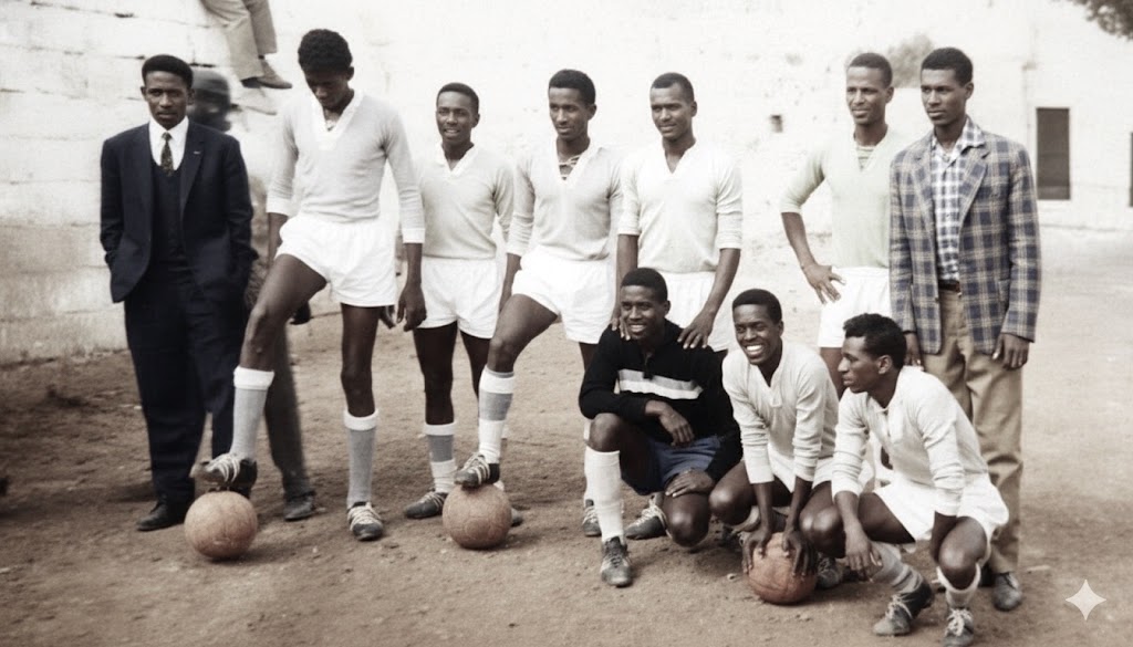 This incredible photo from 1962 captures a moment in the rich history of Stella, one of Asmara's oldest football clubs. From left to right, we see the dedicated President of Stella, Ibrahim Hashim, who is the brother of Fowzia Hashim, the Minister of Justice of Eritrea. Next is