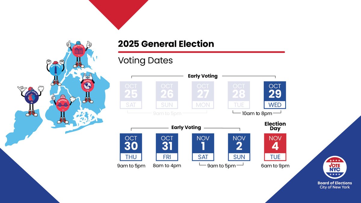 Happy Day 5 of Early Voting! Polls open from 10 to 8. 
Find your poll site at findmypollsite.vote.nyc