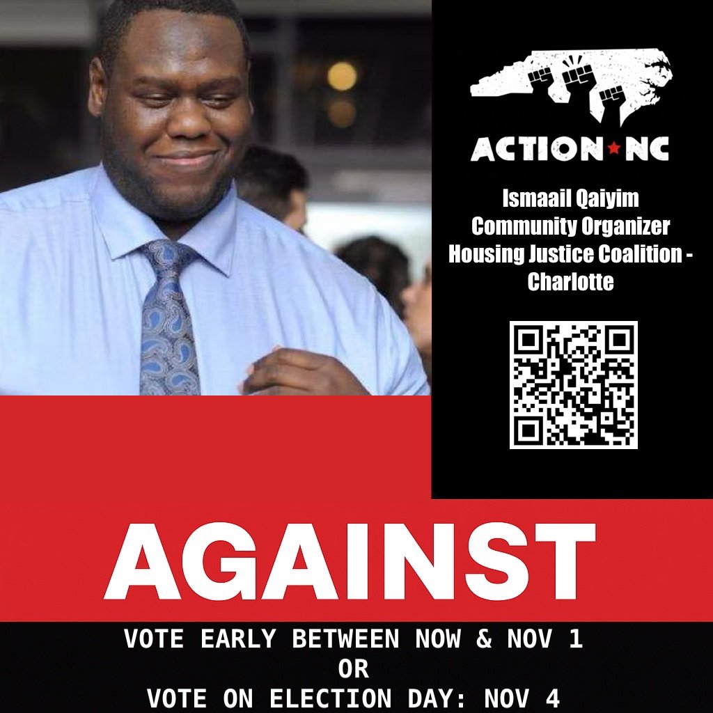 Action_NC's tweet image. Ismaail Qaiyim of the Housing Justice Coalition knows a thing or two about displacement and raw deals for our community. That is why he is AGAINST the sales tax referendum. #VoteAGAINST #communitiesovercontracts #stopdisplacement