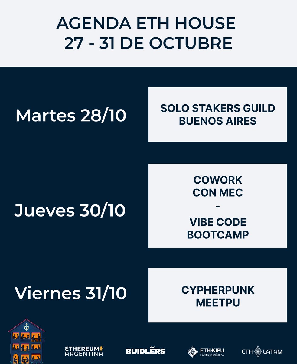 Arranca una nueva semana y en la Eth House lo sabemos 🏠 🔥

No te pierdas ninguno: 

- Martes 28/10 - Solo Stakers Guild Buenos Aires 
- Jueves 30/10 - Cowork con MEC 
- Jueves 30/10 - Vibe Code Bootcamp | Argentina Local Node Scroll
- Viernes 31/10 - Cypherpunk Meetup