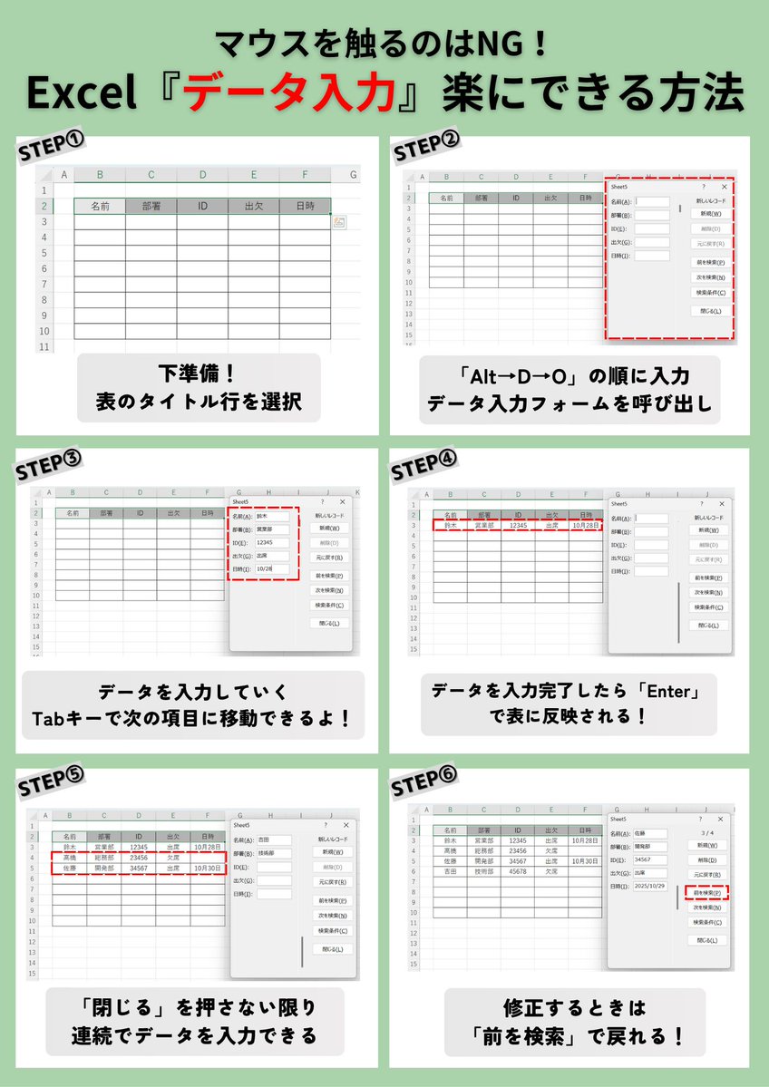 anko040719's tweet image. Excelにデータを入力するとき
隣のセルをカチカチ→入力→隣のセルを…
コレはめっっっちゃ非効率です。
『データ入力フォーム』を活用してください。
