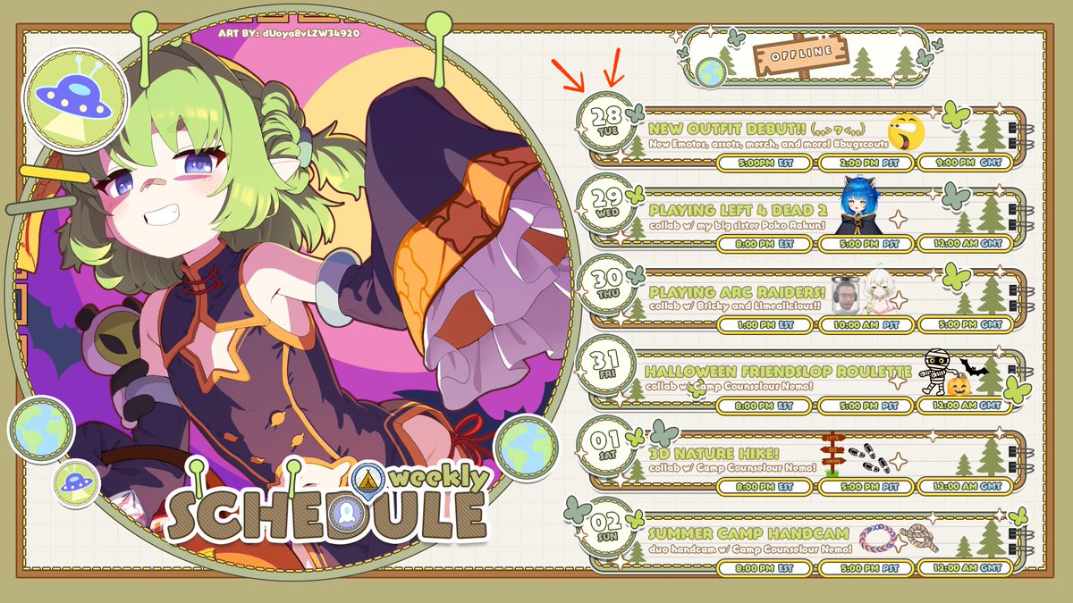 FerumiKaipa's tweet photo. ⋆。‧🛸Weekly Schedule 🛸‧。⋆
New Outfit, new schedule! An entire week of summer camp spookiness! I'm so nervous for tomorrow,, you will be there right?! 😵💫💚
GEN: #FerumiKaipa
ART: #KaipArt
CLIPS: #FeruFiles
MEMES: #SmugBug
⚠️Stream games/times may change randomly!