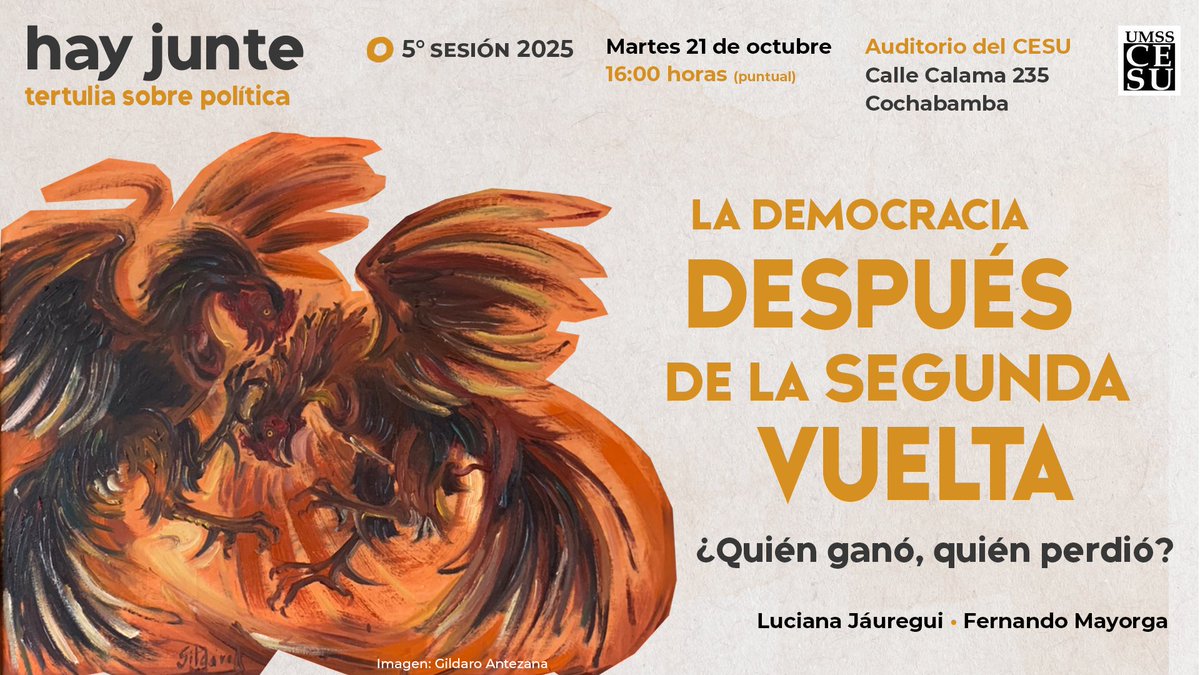 CESU_UMSS's tweet image. ¡5° sesión de &quot;Hay junte&quot; #Podcast de Tertulia Política! Junto a Fernando Mayorga y Luciana Jauregui analizaremos &quot;La democracia después de la segunda vuelta ¿Quién ganó, quien perdió?&quot;.
youtu.be/00jxcuk4l9M