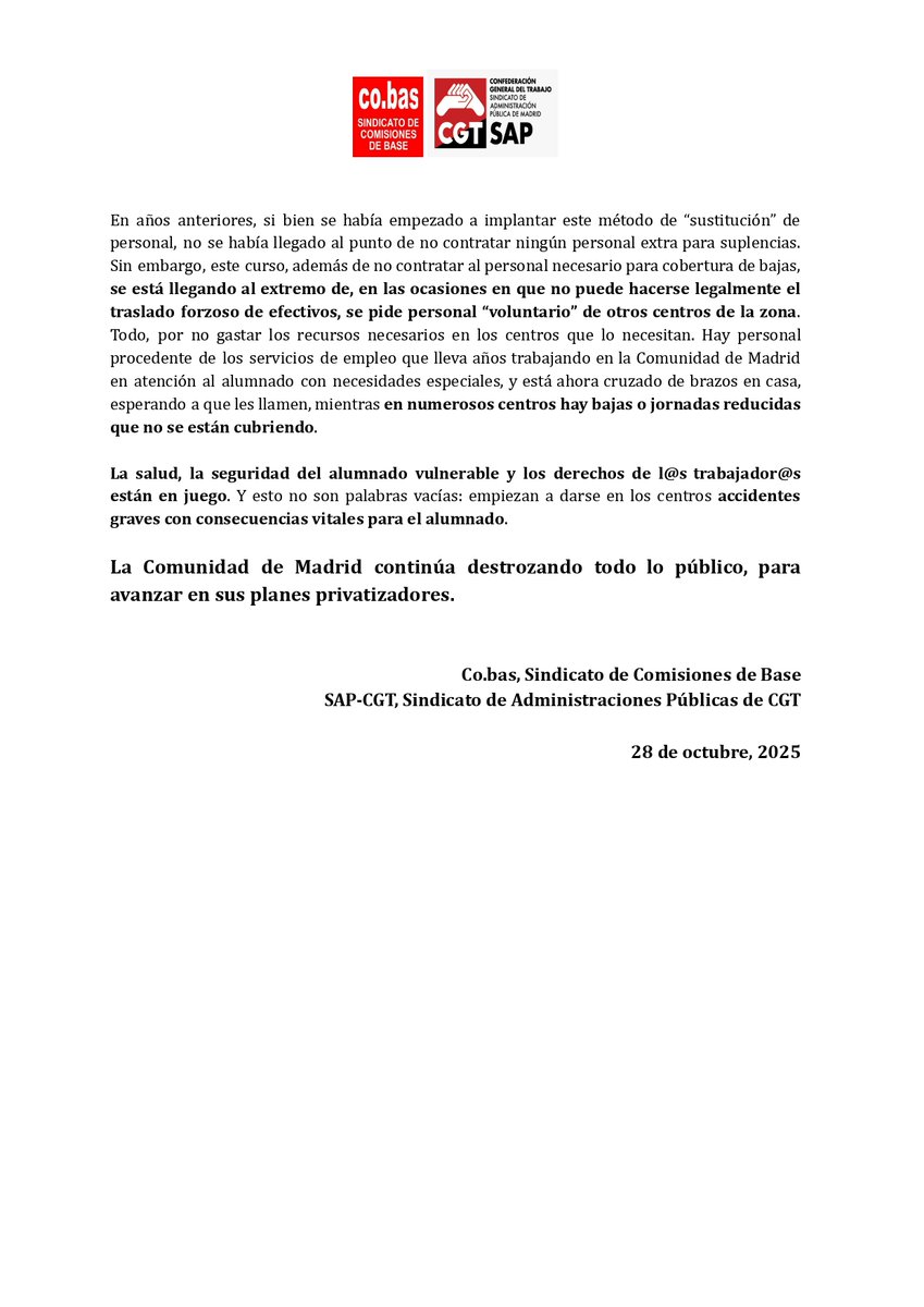 🧨SITUACIÓN DE LA ATENCIÓN AL ALUMNADO CON NECESIDADES EDUCATIVAS ESPECIALES EN LA COMUNIDAD DE MADRID🧨Alumnado vulnerable y trabajadorxs sufren las consecuencias de la precarización de las contrataciones y la no cobertura de las bajas.