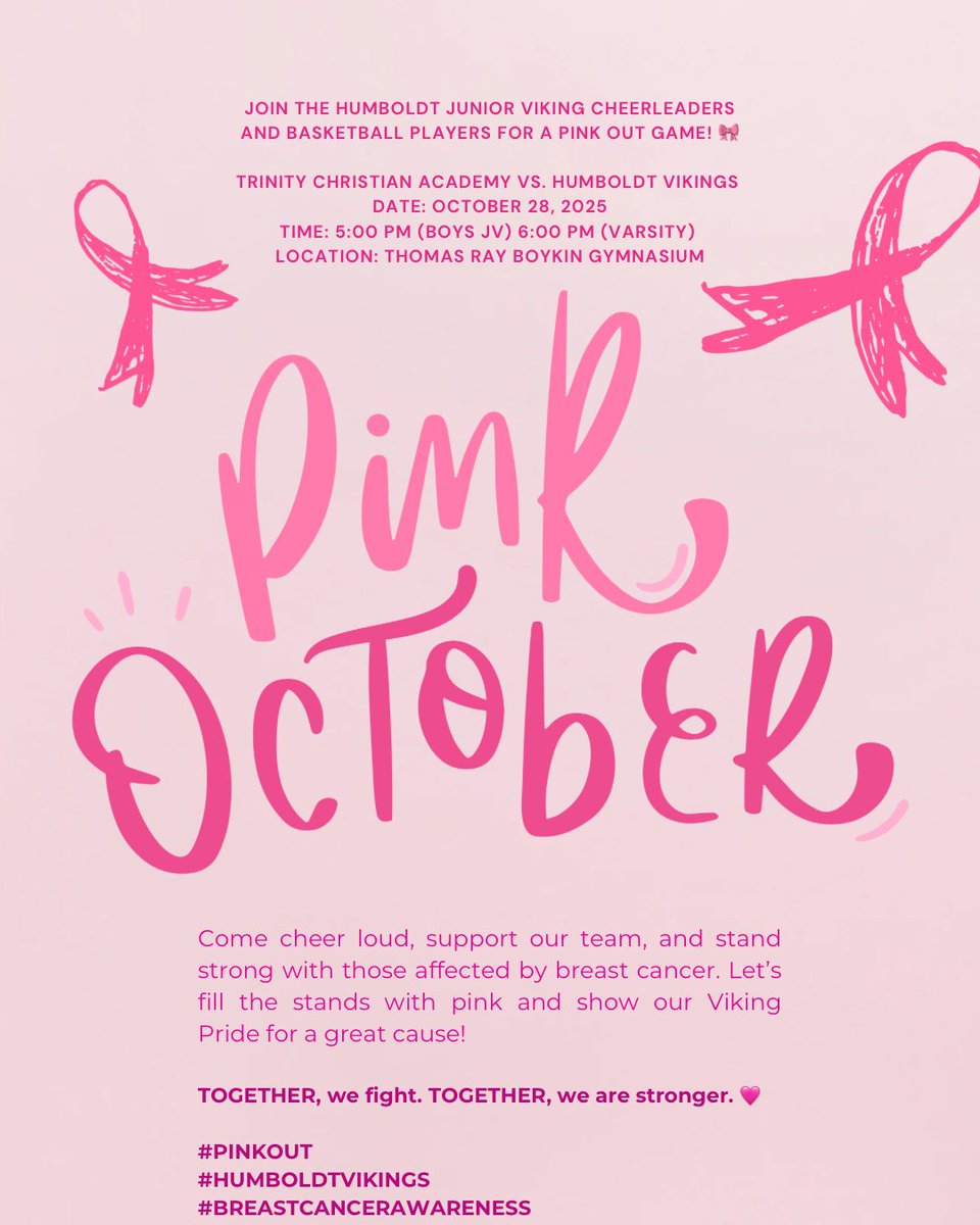 Join the Jr. Vikings for Pink Out Night, Tuesday, October 28th - 5PM JV Boys and 6PM for the Lady Vikings Basketball @Thomas Ray Boykin Gymnasium. Wear your pink and help us raise awareness for breast cancer. #hcsvikings #onthemove #GoVikings <a href="/janiceEpperson3/">Janice Epperson</a>