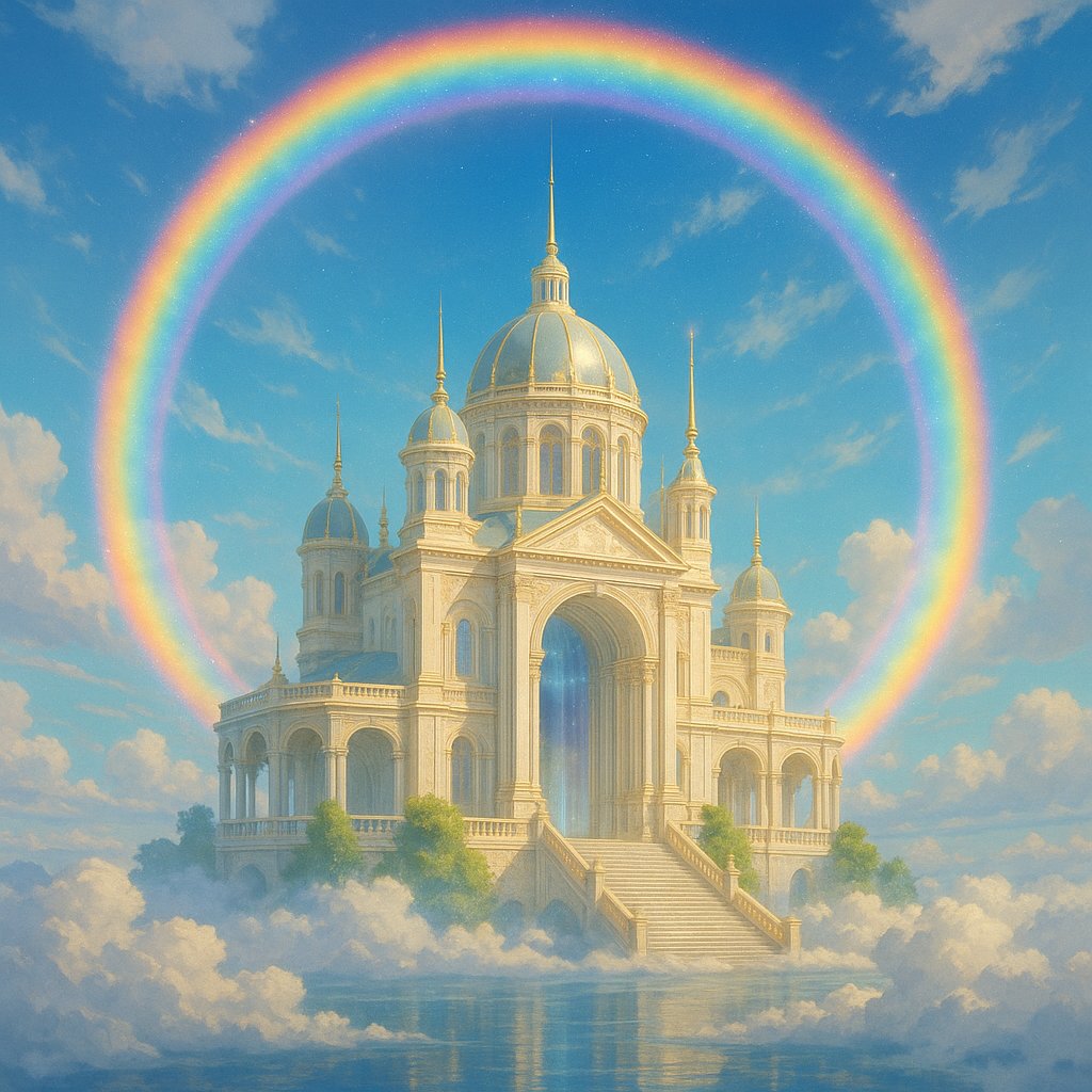 funfungen's tweet image. 🌈虹暈の雲殿  
雲の上に立つ宮殿が、虹の輪に包まれて輝く。風が光を運び、空は音もなく微笑む。  
#幻想風景 #雲殿 #虹暈 #天空宮
