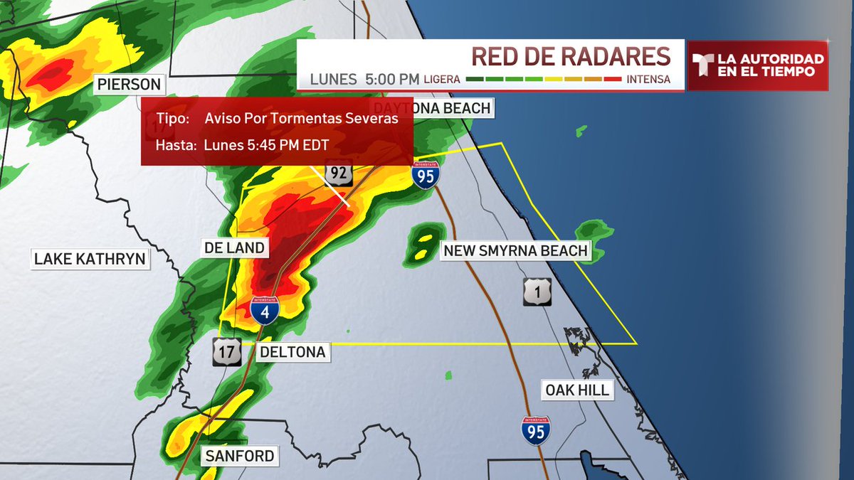 Aviso por tormenta severa para Volusia hasta 27 Oct 5:45PM. ¡Ve a un lugar seguro y aléjate de puertas y ventanas!