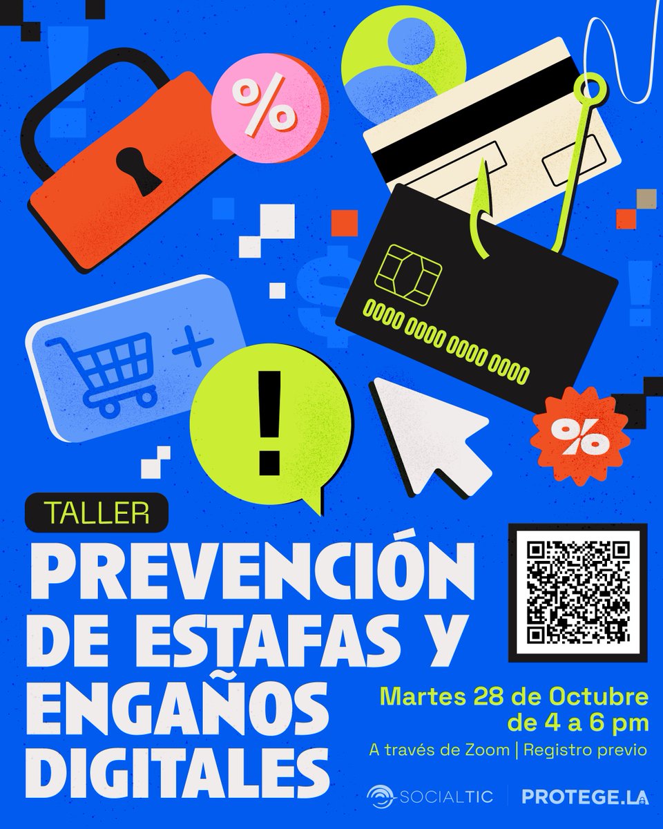✨¡No dejes pasar esta #oportunidad!✨

🤓☝️Inscríbete a nuestro TALLER GRATUITO y aprende tips para detectar amenazas y prevenir estafas digitales.

📅28/10/25
⏰4:00 pm
🖥️Vía Zoom
🎟️Registro abierto, 💥ÚLTIMAS HORAS💥
👉 socialtic.org/events/taller-…