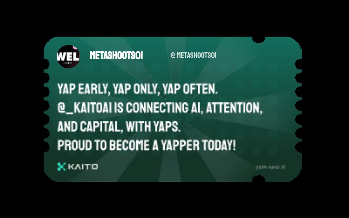 Yap early, yap only, yap often.

<a href="/KaitoAI/">Kaito AI 🌊</a> is connecting AI, attention and capital with Yaps.

Just claimed my social card and I'm accumulating Yap points in real-time.

Claim yours 👉 yaps.kaito.ai/referral/15685…