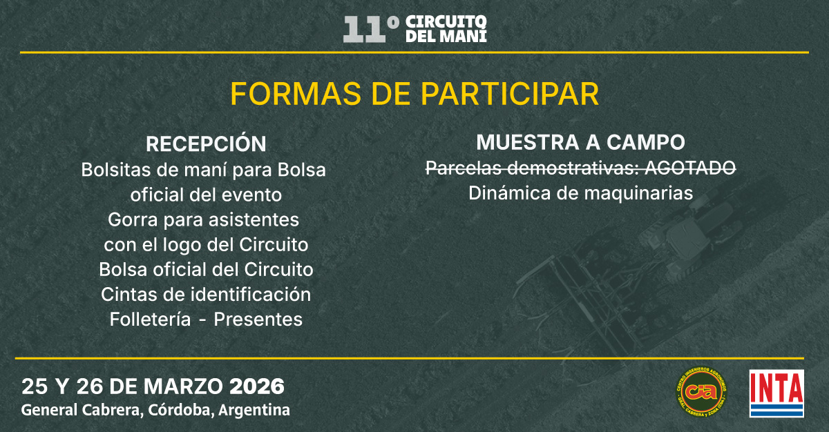 📅25 y 26 de Marzo de 2026
📌General Cabrera, Córdoba, Argentina

Ya se encuentran disponibles las formas publicitarias de participación.
Consultar costos 👉🏻 ciasecretaria@gmail.com
<a href="/IntaGralCabrera/">INTA General Cabrera</a>  <a href="/CIAgralcabrera/">Centro de Ingenieros Agrónomos</a>