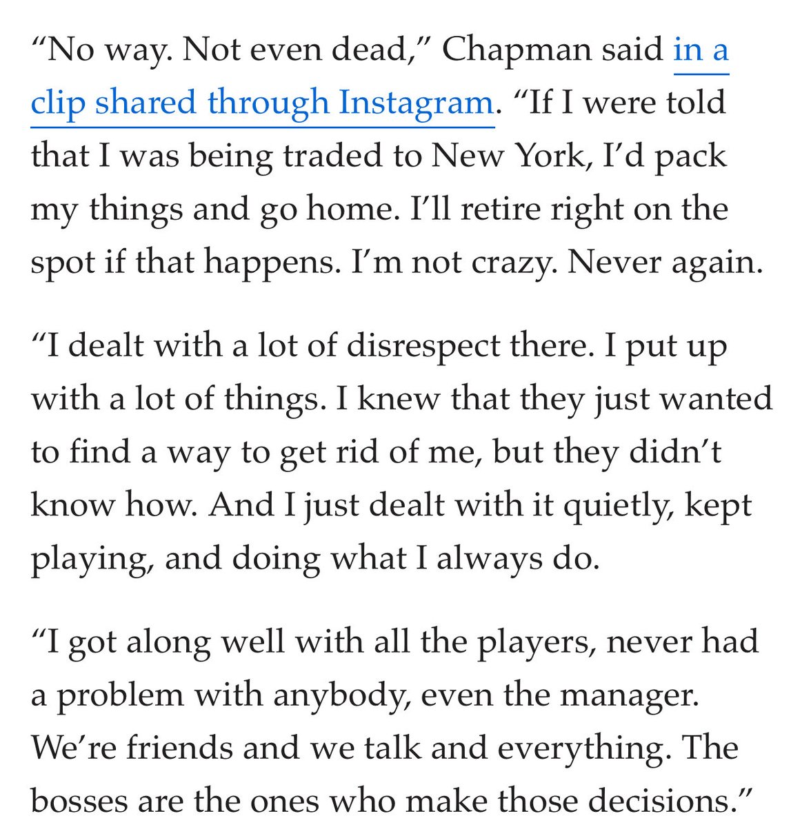 Aroldis Chapman basically said he’d rather die than ever play for the Yankees again. nj.com/yankees/2025/1…