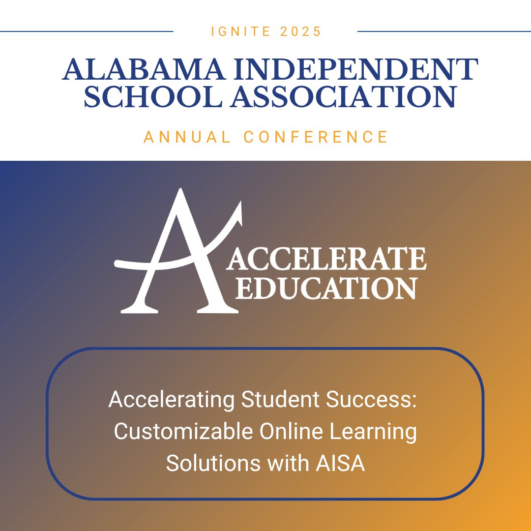 AccelerateEd's tweet image. We're at the Alabama Independent School Association Annual Conference!

Discover how our K–12 online curriculum &amp;amp; flexible learning solutions help schools personalize education, scale virtual programs, &amp;amp; support student success in every setting.

#Ignite2025 #AISAConference