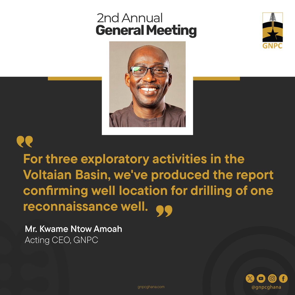 CEOofGNPC's tweet photo. At @GNPCGhana’s 2nd AGM, I shared updates on our journey with the Voltaian Basin drilling prep, 4D & OBN seismic tech, and Eban-Akoma commercialization.

Proud to share highlights from GNPCGhana’s 2nd Annual General Meeting.

Swipe through to read highlights from my address. ➡️

#GNPCat40 #EmpoweringDreams