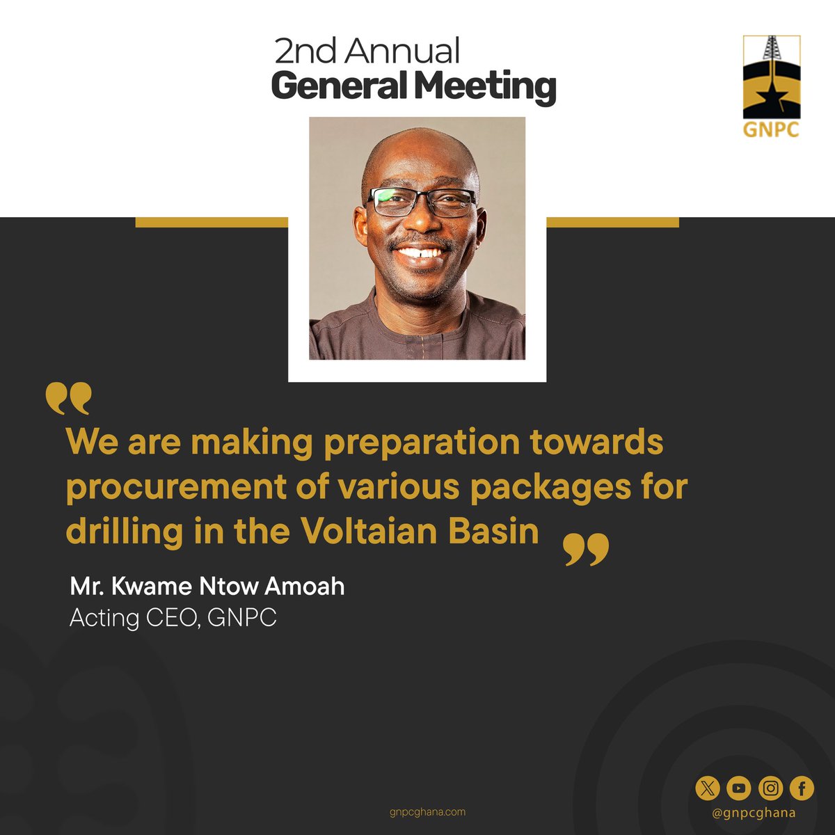 CEOofGNPC's tweet photo. At @GNPCGhana’s 2nd AGM, I shared updates on our journey with the Voltaian Basin drilling prep, 4D & OBN seismic tech, and Eban-Akoma commercialization.

Proud to share highlights from GNPCGhana’s 2nd Annual General Meeting.

Swipe through to read highlights from my address. ➡️

#GNPCat40 #EmpoweringDreams